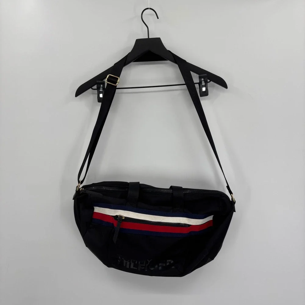 Tommy Hilfiger Black Nylon Messenger Crossbody Bag Red White Blue Stripe Logo‎